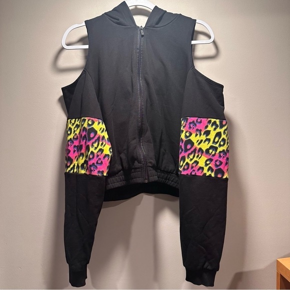 Kappa Open Shoulder Zip Jacket Leopard Neon Cropped Hoodie Black Large Cotton - Picture 5 of 16